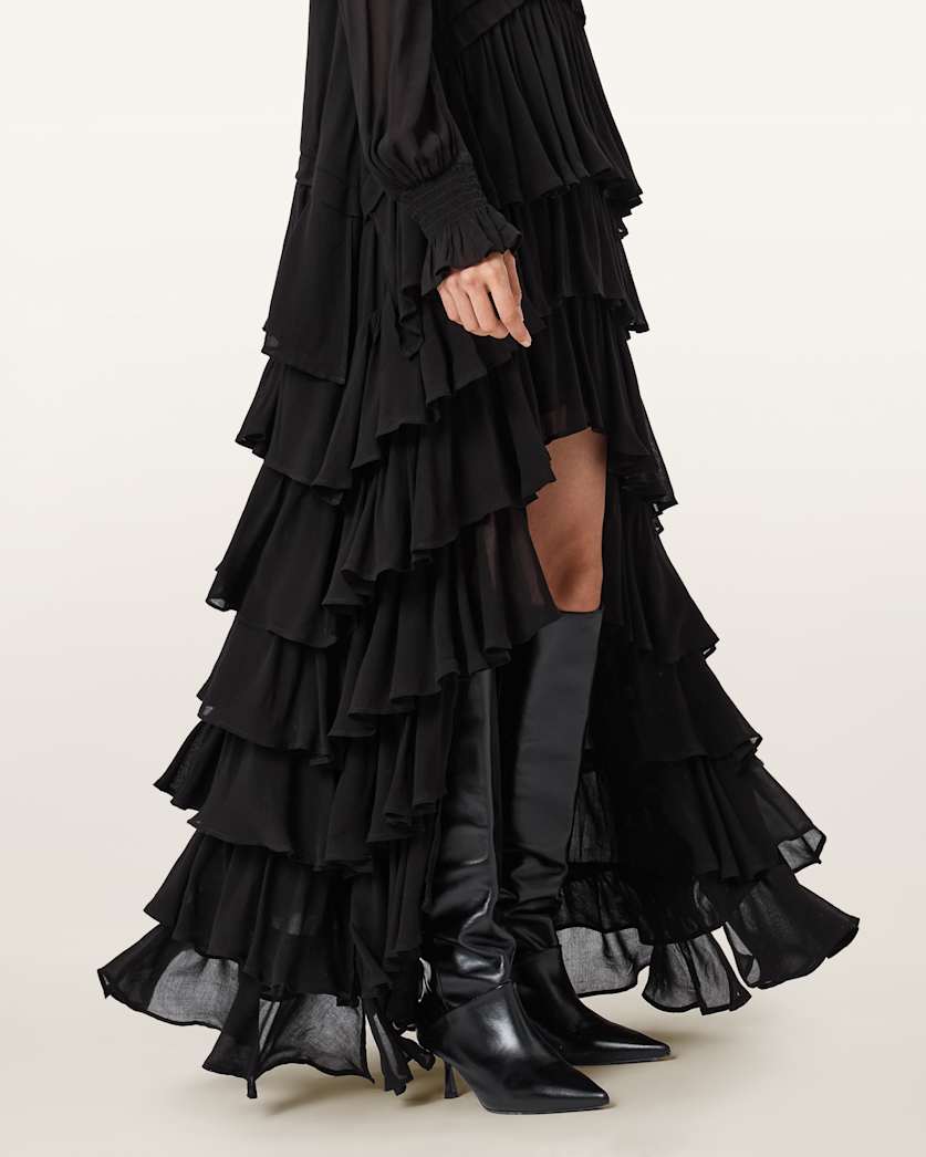 Cavarly Tiered Ruffle Maxi Dress Black | ALLSAINTS